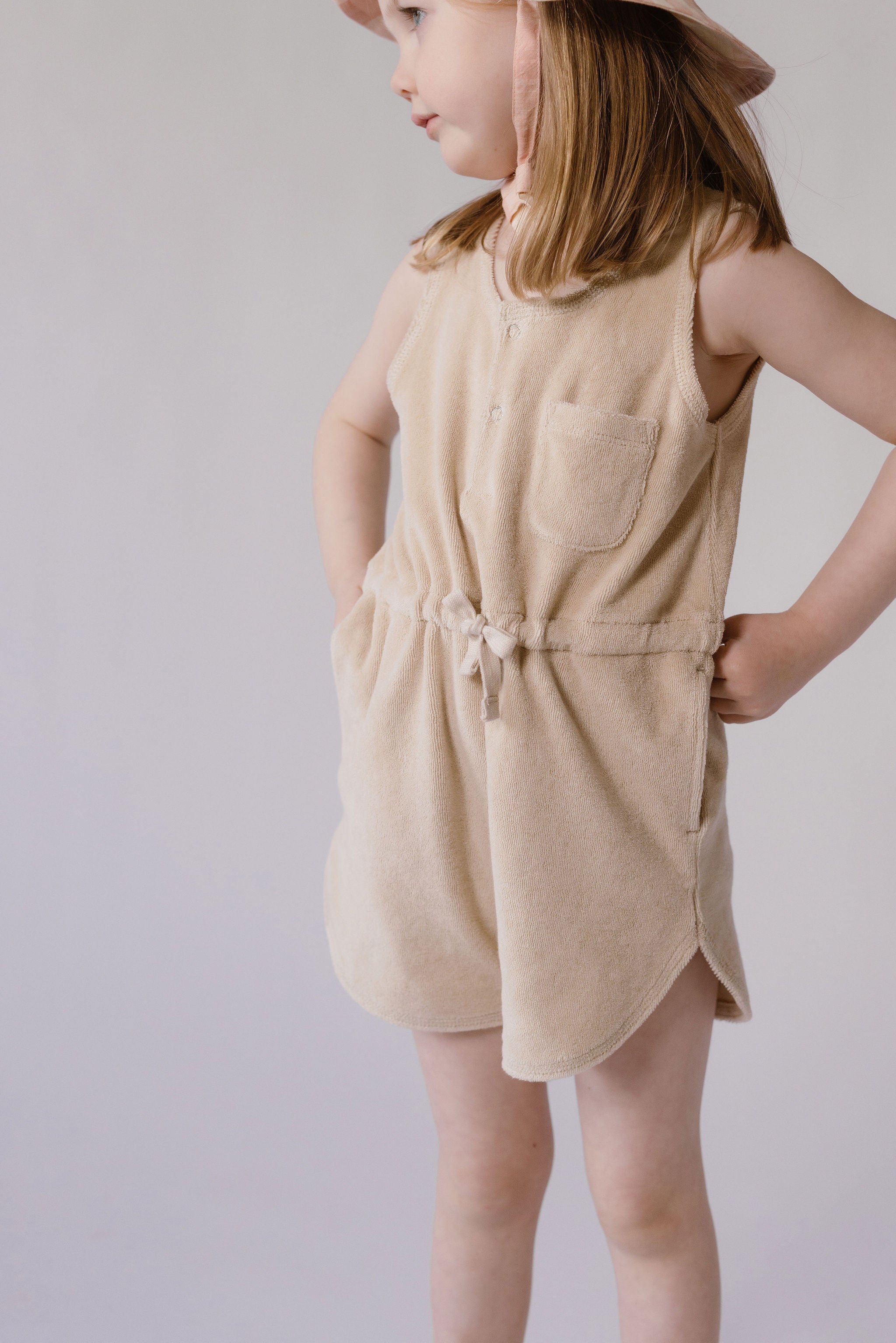 Pehr-Classic Terry Drawstring Romper-Sand-Toddler-4