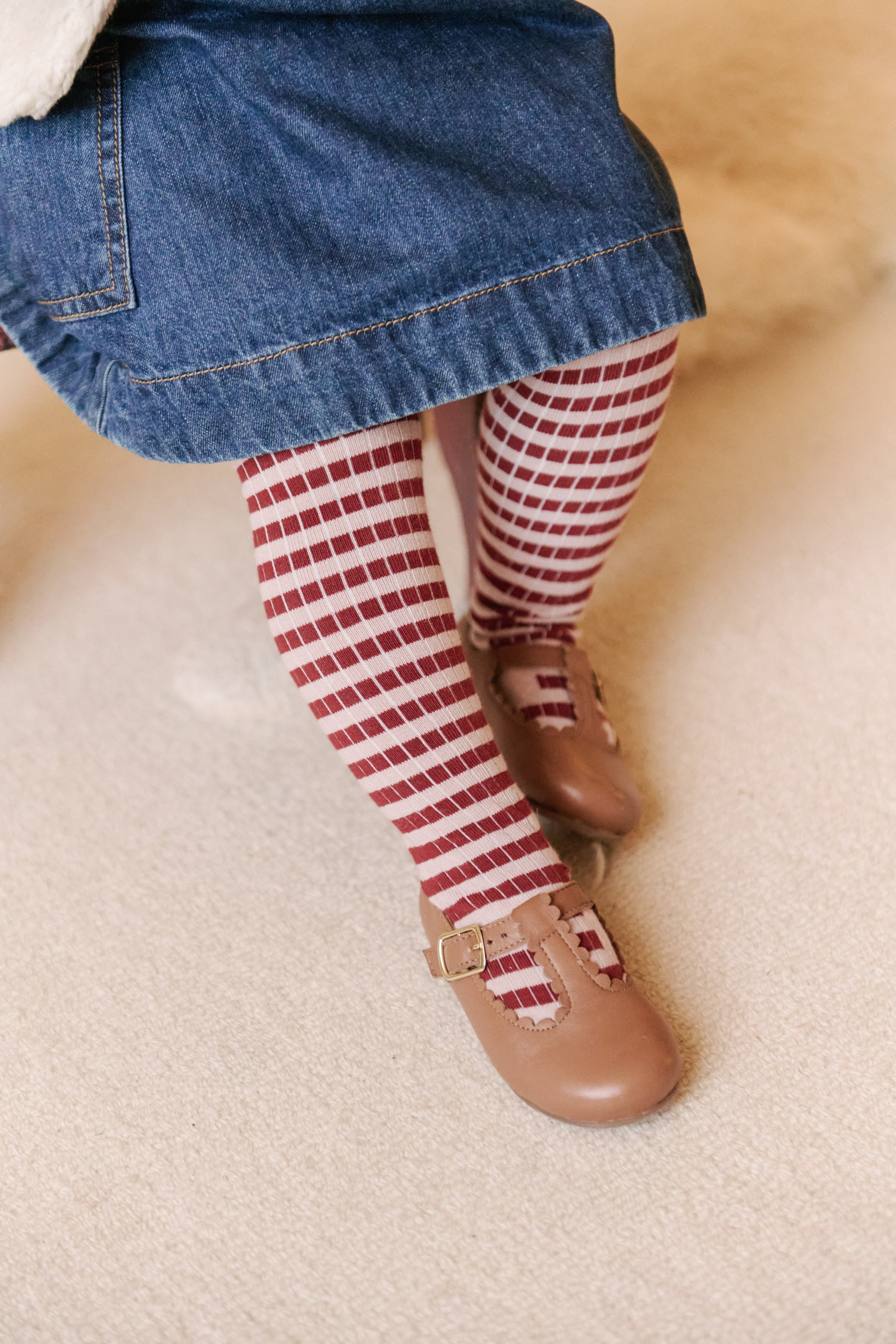 Pehr-Striped Ribbed Tights with Grips-Soft Peony - Mulberry Stripe-2