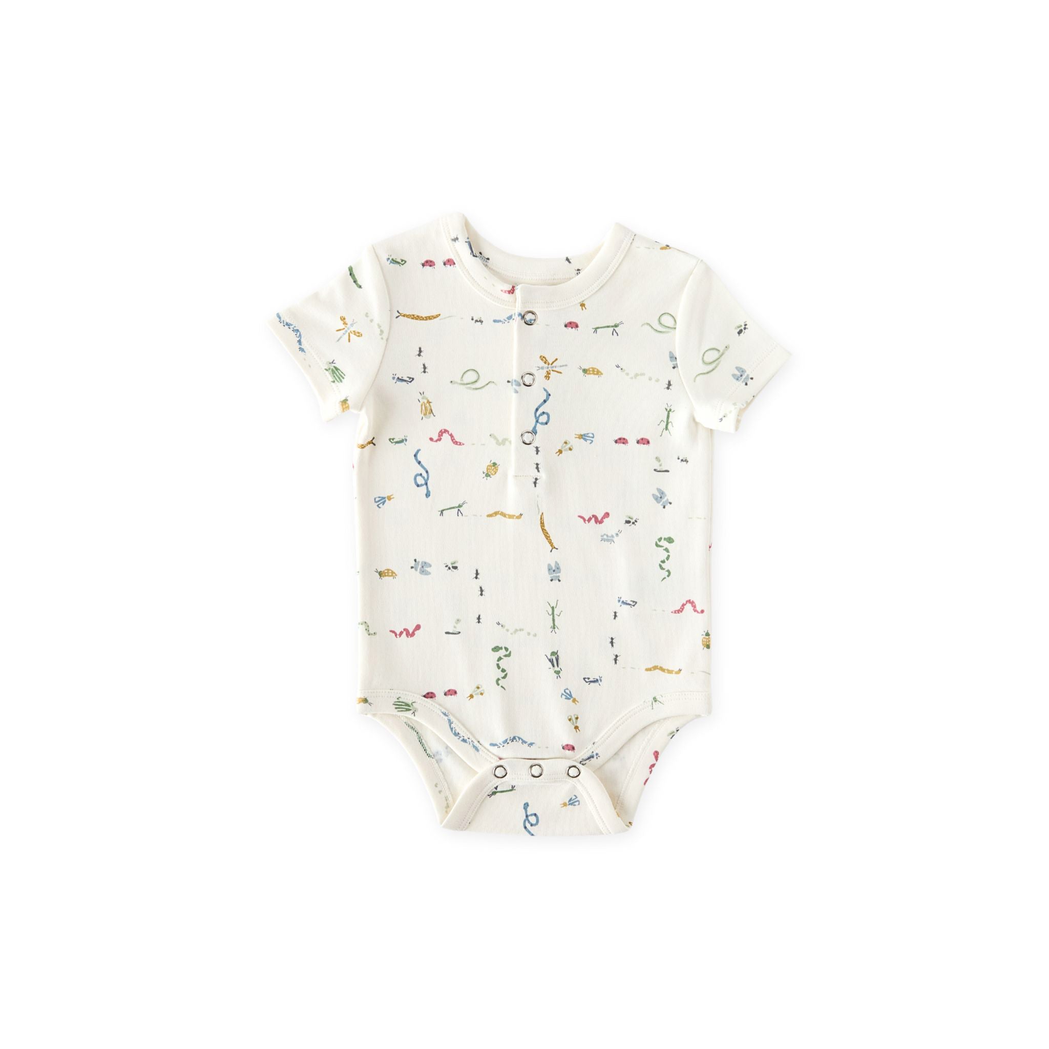 Pehr-Short Sleeve Henley One Piece-Crawling Critters-1