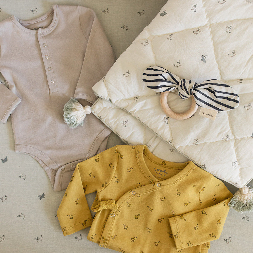 baby onesies, blanket and teething ring in crib