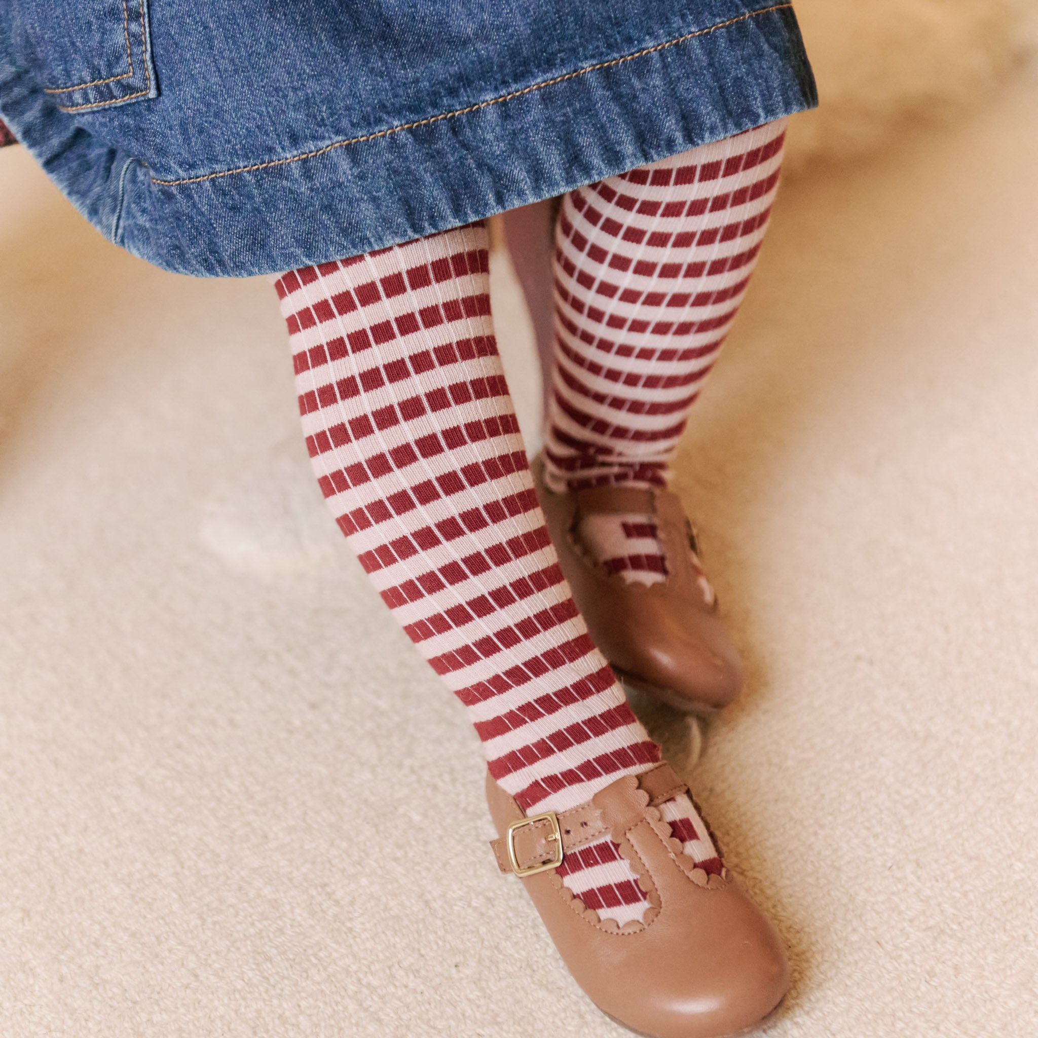 Pehr-Striped Ribbed Tights with Grips-Soft Peony - Mulberry Stripe-2