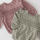 Pehr-Flannel Long Sleeve Smocked One Piece-Sage/Light Sage-2