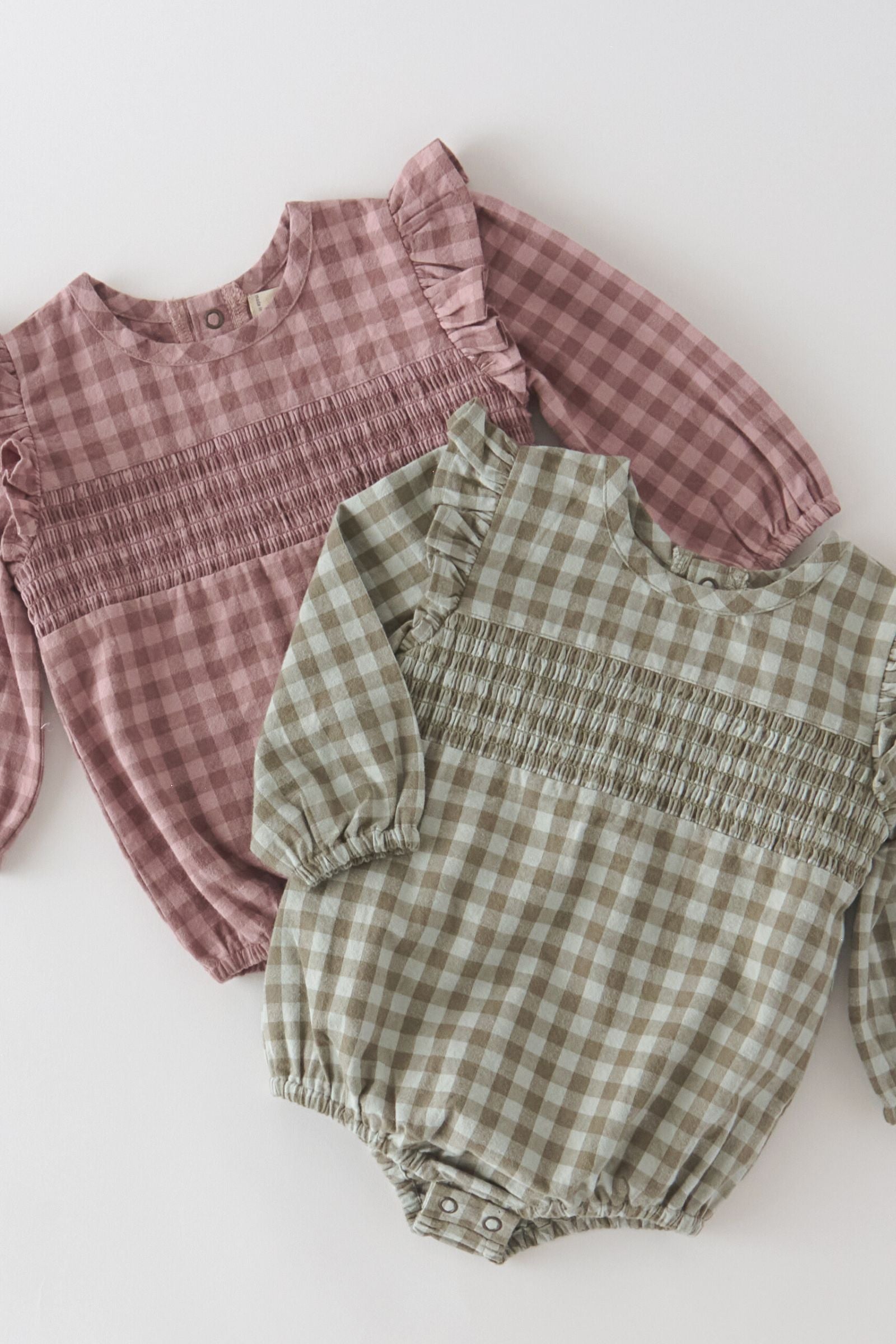Pehr-Flannel Long Sleeve Smocked One Piece-Sage/Light Sage-2