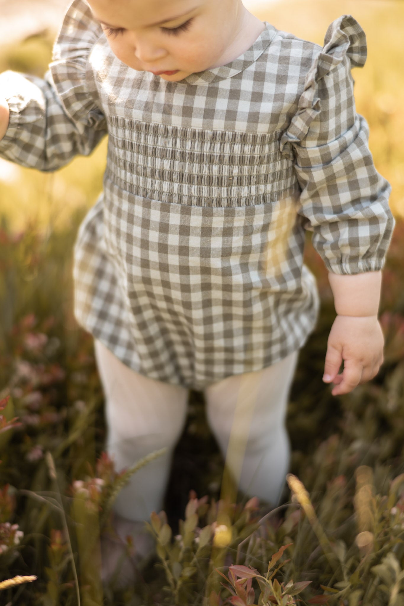 Pehr-Flannel Long Sleeve Smocked One Piece-Sage/Light Sage-2