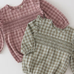 Pehr-Flannel Long Sleeve Smocked One Piece-Thistle/Light Thistle-2