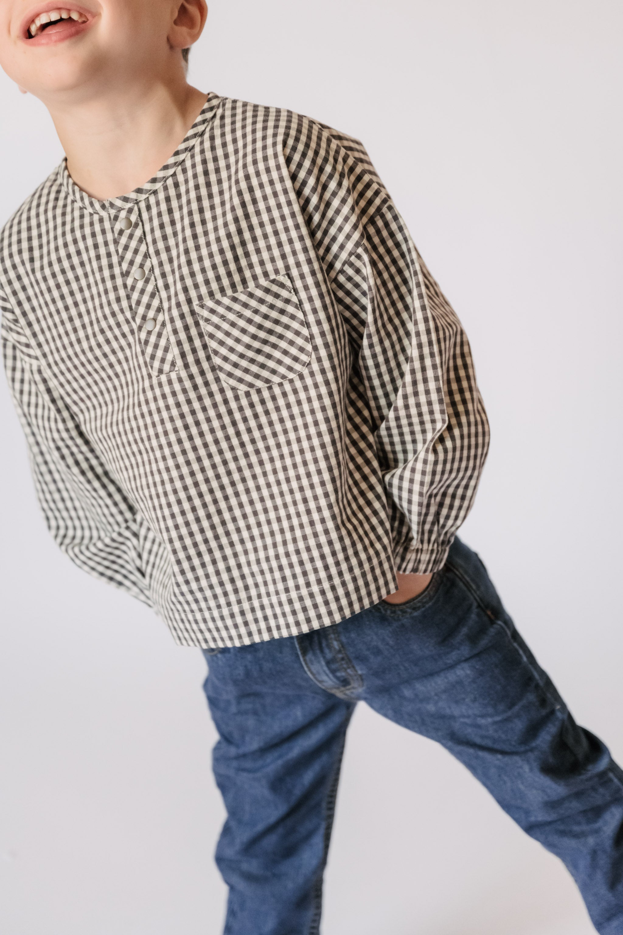 Pehr-Kids Gingham Long Sleeve Top-Indigo-3