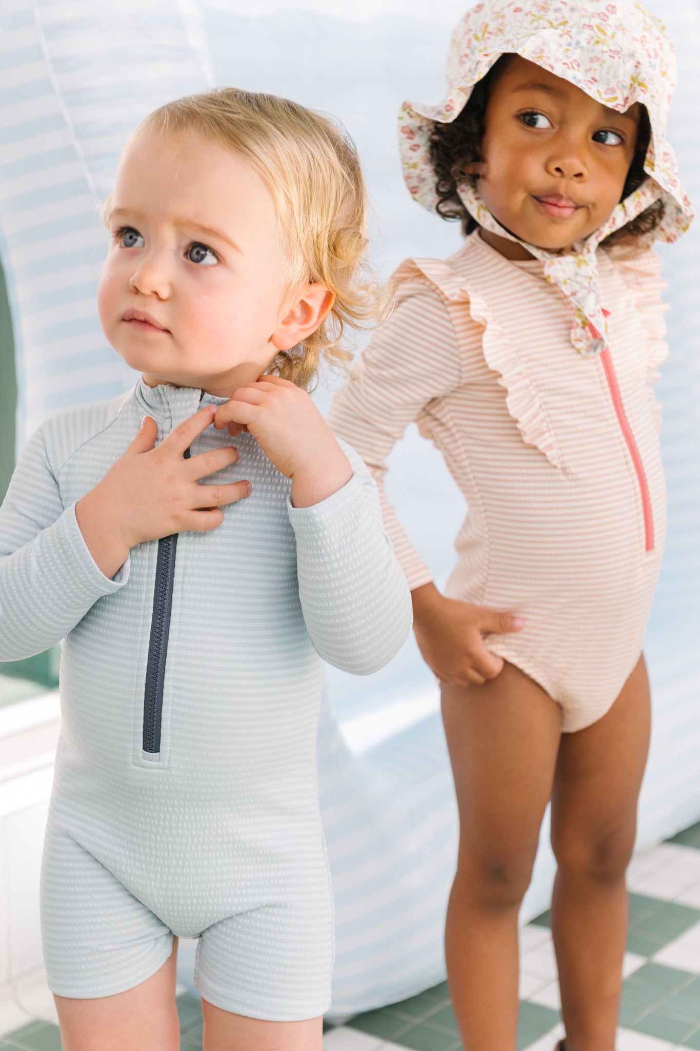 Swim Long Sleeve Ruffle One-Piece - Seersucker Peony