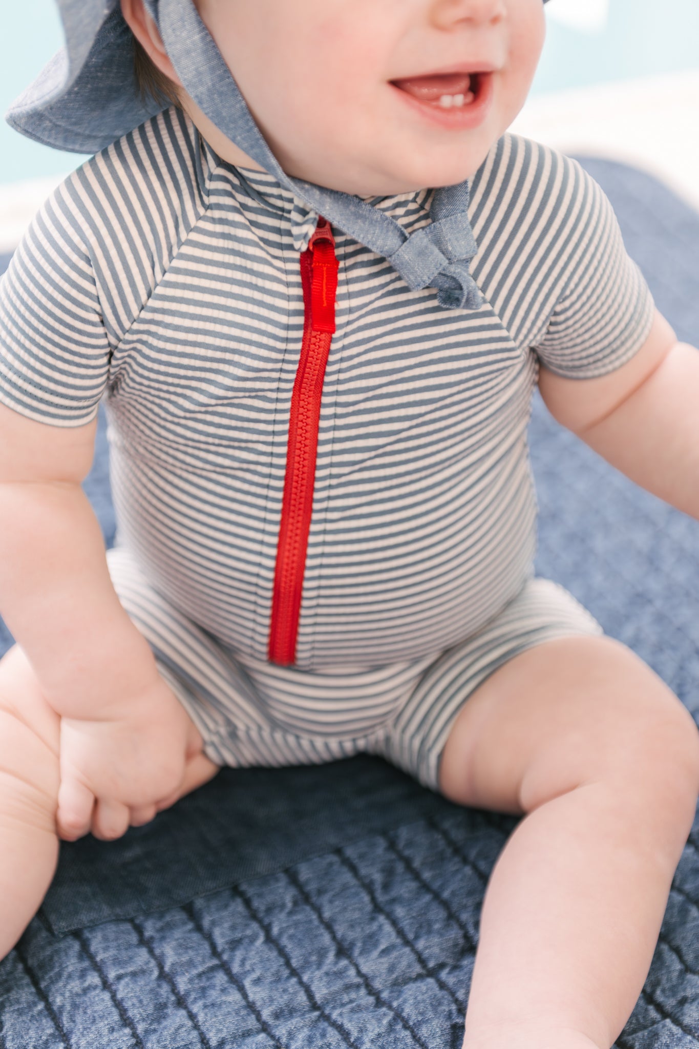 Swim Short Sleeve One-Piece - Seersucker Ink