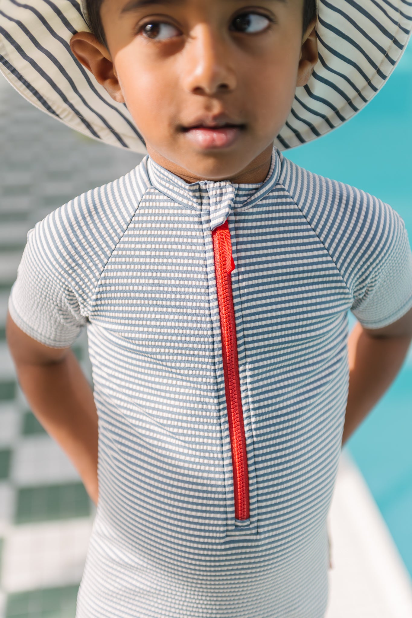 Swim Short Sleeve One-Piece - Seersucker Ink