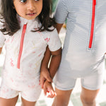 Swim Short Sleeve One-Piece - Seersucker Ink