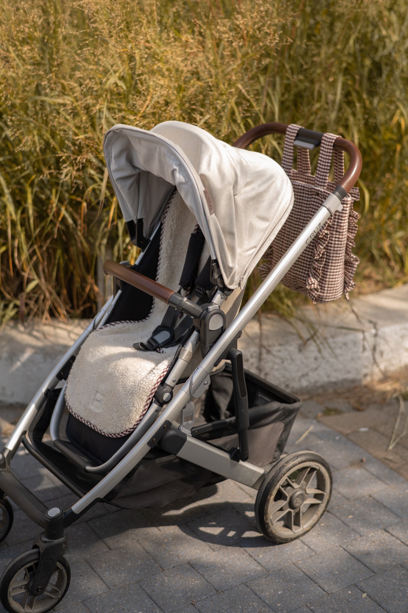 Pehr-Reversible Stroller Insert-Gingham Mulberry/Sherpa-5